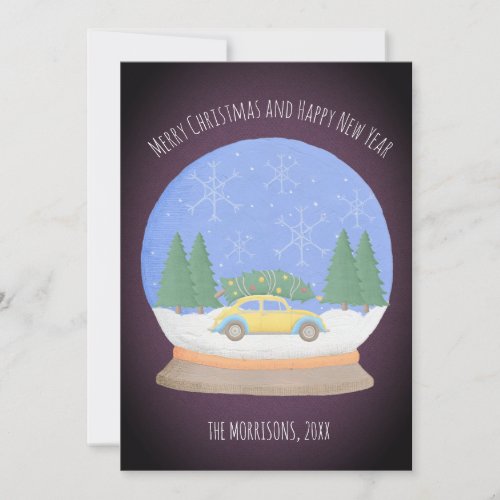 Retro Vintage Car Christmas tree in Snow Globe Holiday Card