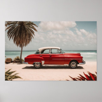 Retro Vintage Car on the Beach Art Poster