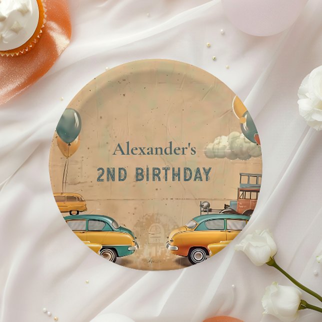 Retro Vintage Car Two Fast Birthday Paper Plates (Creator Uploaded)