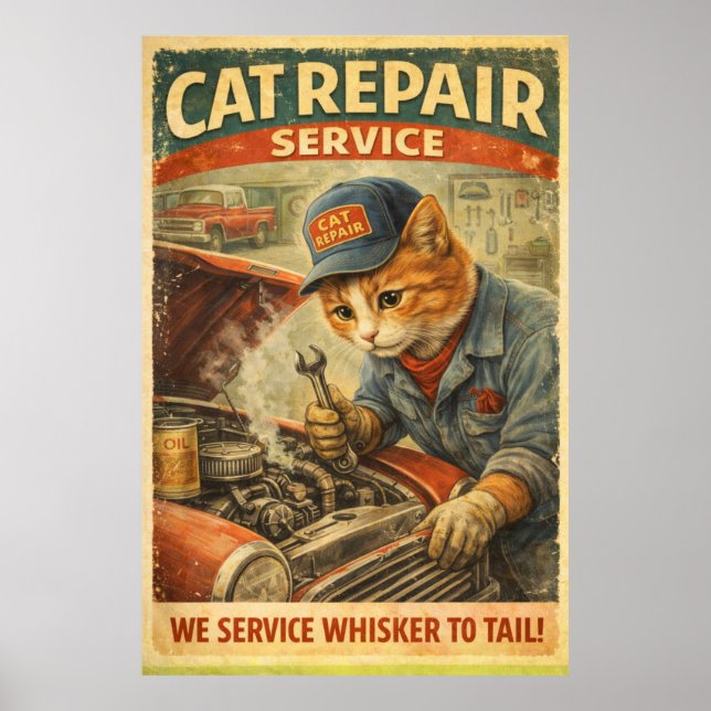 Retro Vintage Cat Mechanic Poster Wall Art (Front)