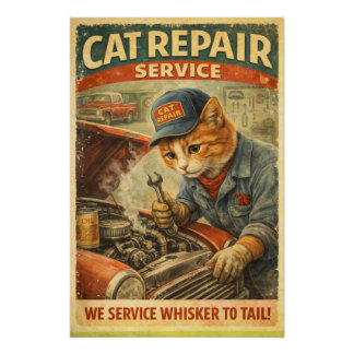 Retro Vintage Cat Mechanic Poster Wall Art