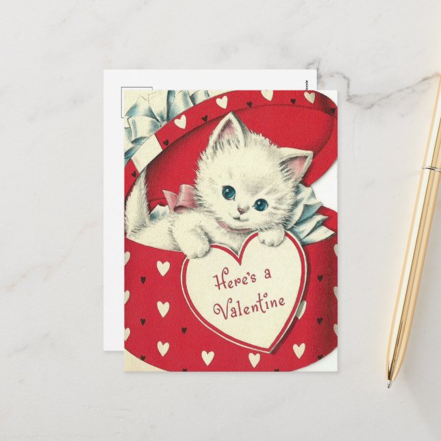 retro vintage cat Valentine Holiday Postcard (Front/Back In Situ)