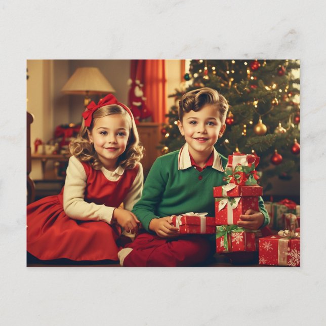 Retro, Vintage Children with Christmas Gifts  Holiday Postcard (Front)