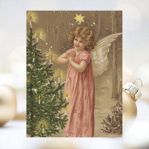 Retro Vintage Christmas Angel Christmas Tree Holiday Postcard