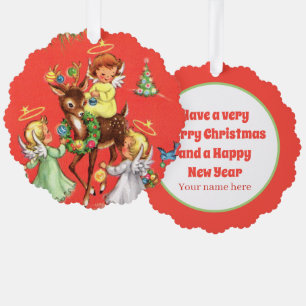 retro vintage Christmas Angels add text Ornament Card