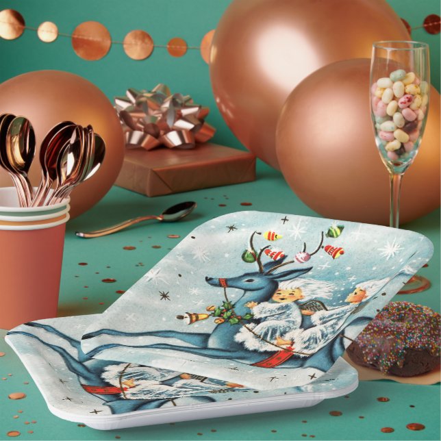 retro vintage Christmas Angels Holiday  Paper Plates (Multi)