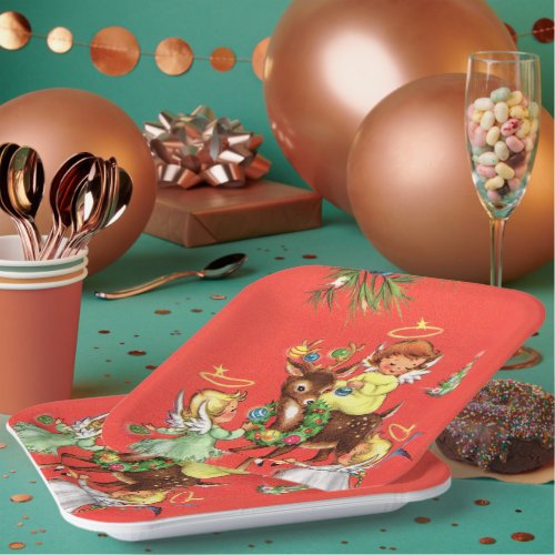 Retro vintage Christmas Angels reindeer party Paper Plates