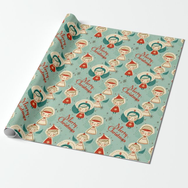 Retro Vintage Christmas Angels Wrapping Paper (Unrolled)