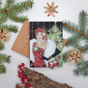 Retro vintage Christmas art deco lady Holiday Card