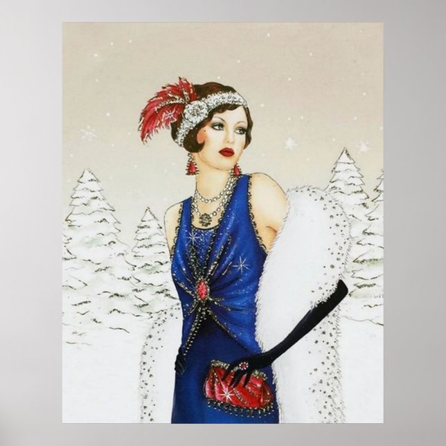 Retro vintage Christmas art deco lady poster (Front)