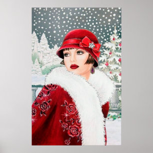 Retro vintage Christmas art deco lady poster