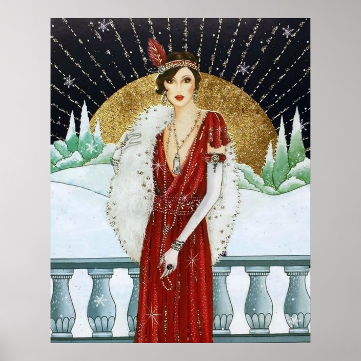 Retro Vintage Christmas Art Deco Lady Poster Zazzle Com