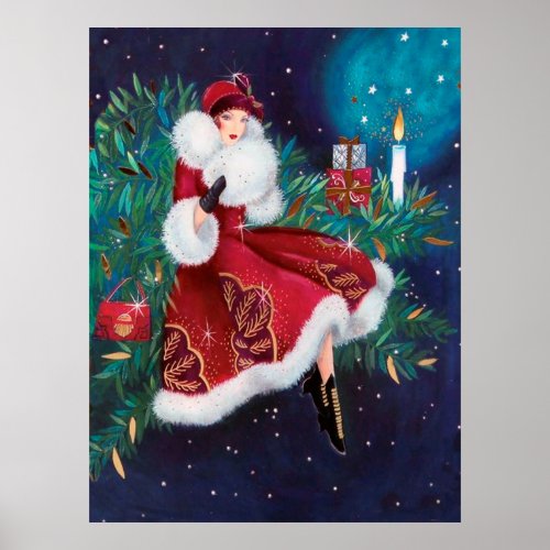 Retro vintage Christmas art deco lady poster