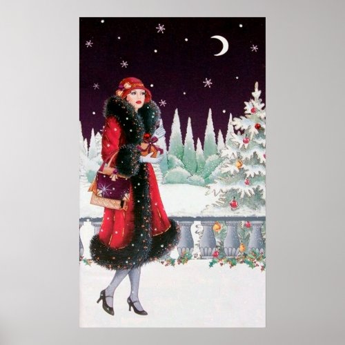 Retro vintage Christmas art deco lady poster