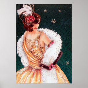 Retro vintage Christmas art deco lady poster