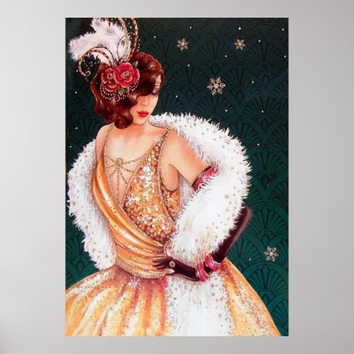 Retro vintage Christmas art deco lady poster