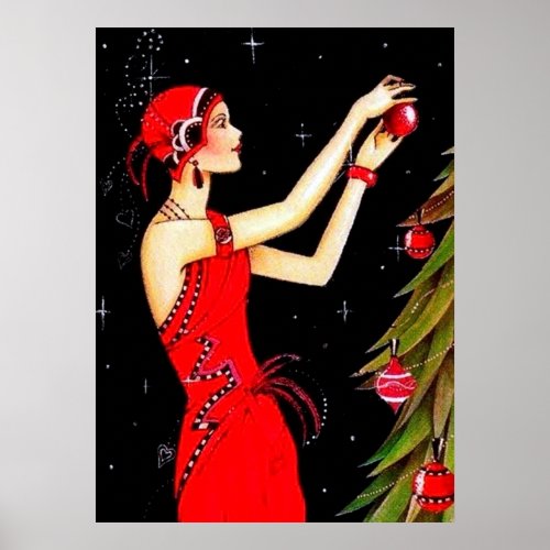 Retro vintage Christmas art deco lady poster