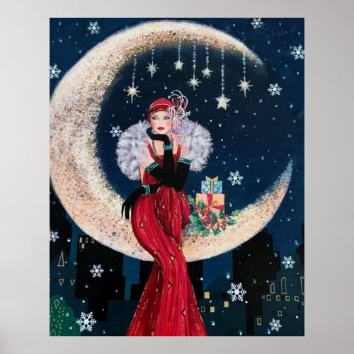Retro vintage Christmas art deco lady poster