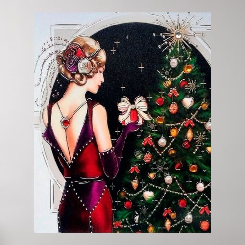 Retro vintage Christmas art deco lady poster