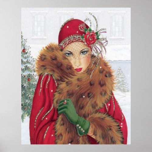 Retro vintage Christmas art deco lady poster
