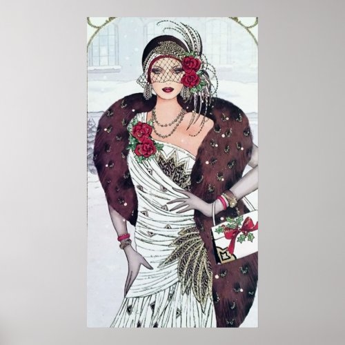 Retro vintage Christmas art deco lady poster