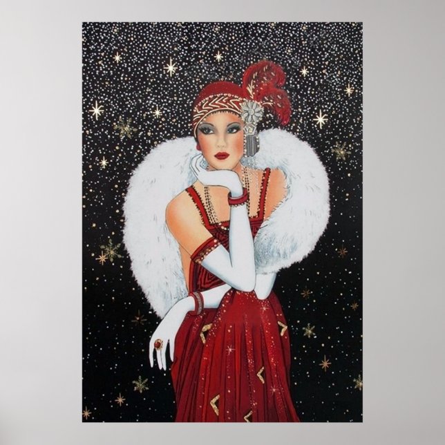 Retro vintage Christmas art deco lady poster (Front)