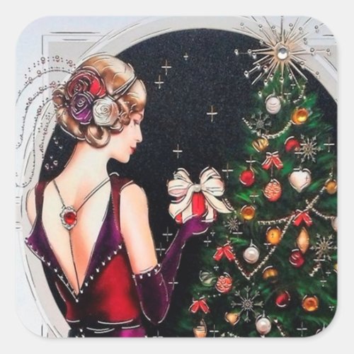 Retro vintage Christmas art deco lady Square Sticker