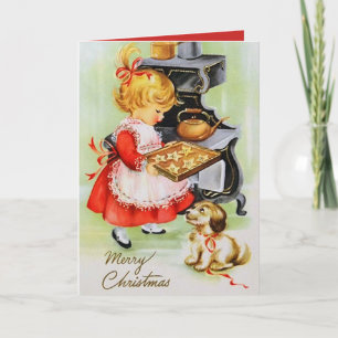 Retro vintage Christmas baking girl add message Holiday Card