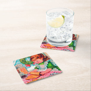 Retro vintage Christmas baking girl coaster