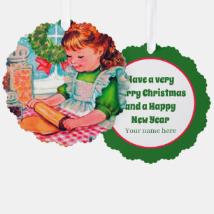 Retro vintage Christmas baking girl Ornament Card