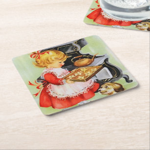 retro vintage Christmas baking party Square Paper Coaster