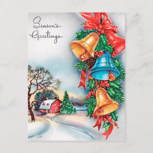 Retro Vintage Christmas bells house postcard