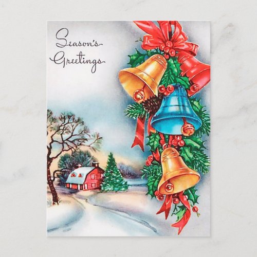 Retro Vintage Christmas bells house postcard