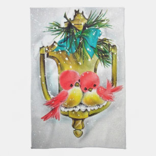 retro vintage Christmas birds Holiday Kitchen Towel