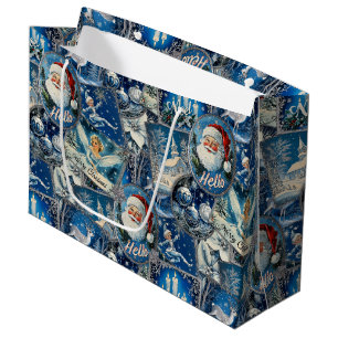Retro Vintage Christmas: Blue Collage Large Gift Bag