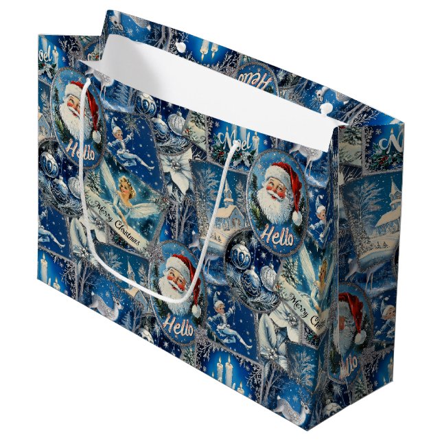 Retro Vintage Christmas: Blue Collage Large Gift Bag (Front Angled)