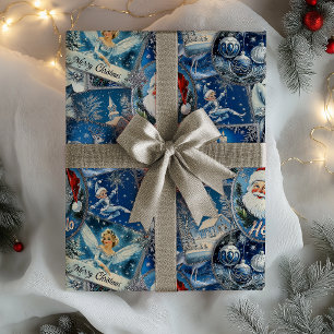 Retro Vintage Christmas: Blue Collage Wrapping Paper