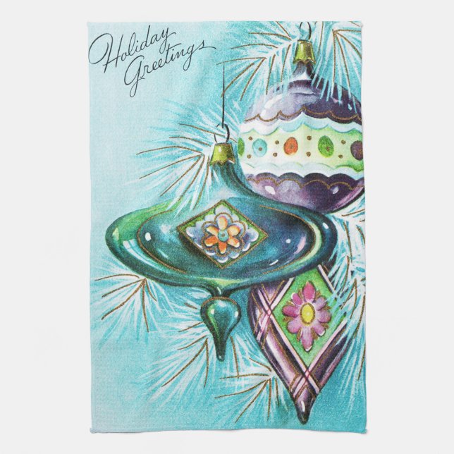 Retro Vintage Christmas bulbs kitchen towel (Vertical)