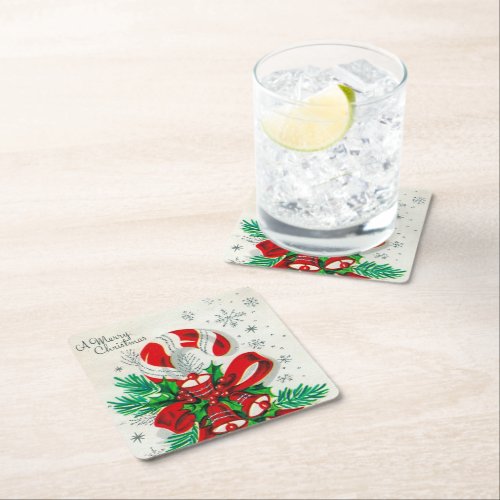 retro vintage Christmas candy cane Holiday Square Paper Coaster