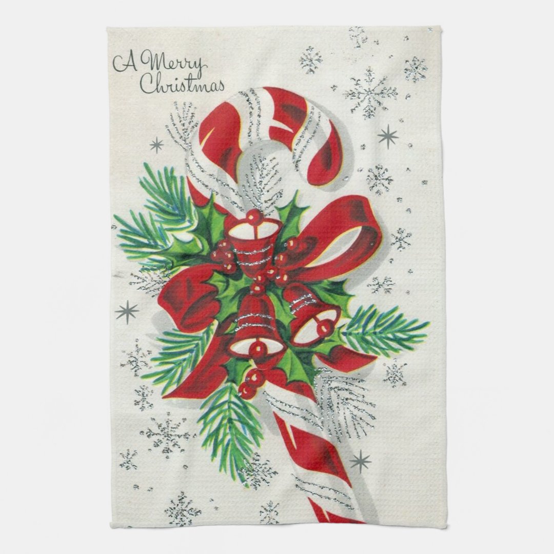 Retro Vintage Christmas Candy cane kitchen towel Zazzle