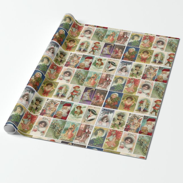 Retro Vintage Christmas Cards Collage Wrapping Paper (Unrolled)