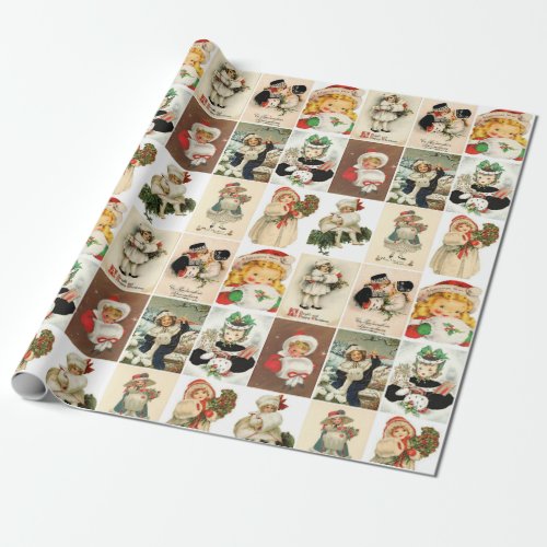 Retro Vintage Christmas Cards Collage Wrapping Paper
