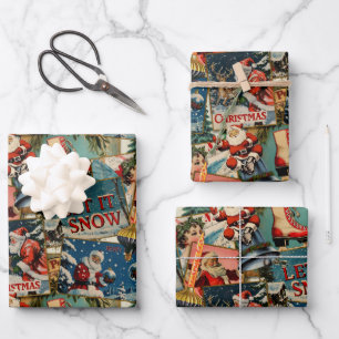 Retro Vintage Christmas Cards Collage Wrapping Paper Sheets