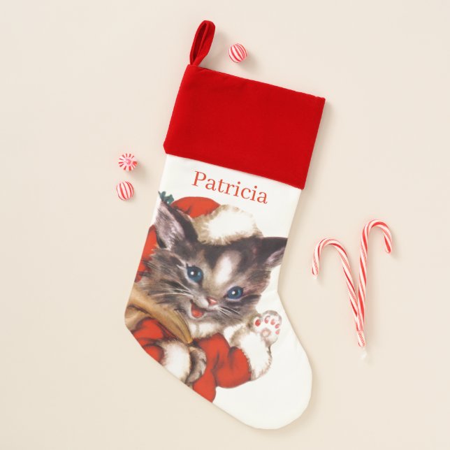 retro vintage Christmas cat add name Christmas Stocking (Front)