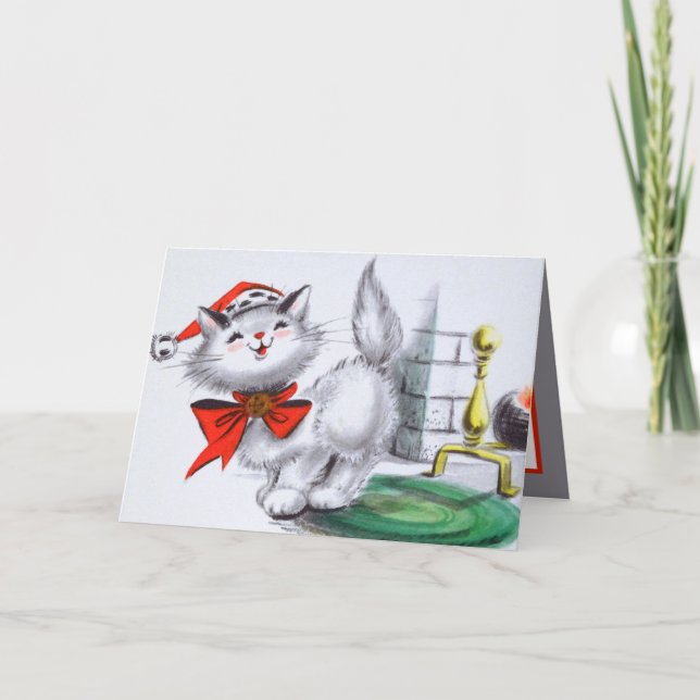 retro vintage Christmas cat add sentiment Holiday Card (Front)
