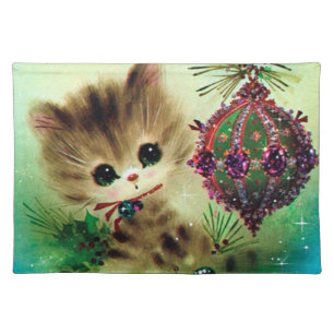 retro vintage Christmas cat Holiday Cloth Placemat