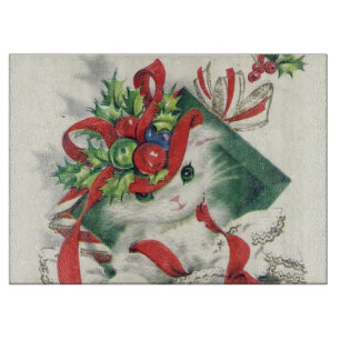 Retro Vintage Christmas cat Holiday cutting board