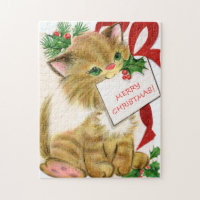 retro vintage Christmas cat Holiday Jigsaw Puzzle