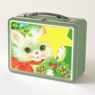 retro vintage Christmas cat Holiday Metal Lunch Box