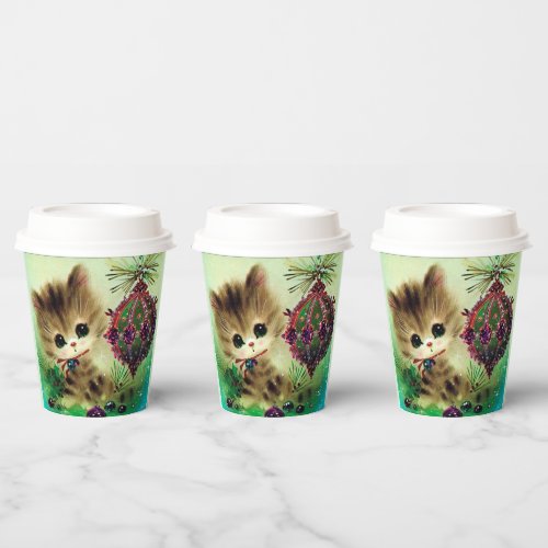 retro vintage Christmas cat Holiday Paper Cups